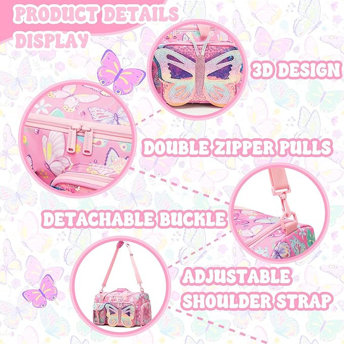 Butterfly Kids Duffle Bag Girls Ballet Dance Bag Overnight Travel Bags for Girls Gymnastics Sports Bags for Kids with Shoe Compartment