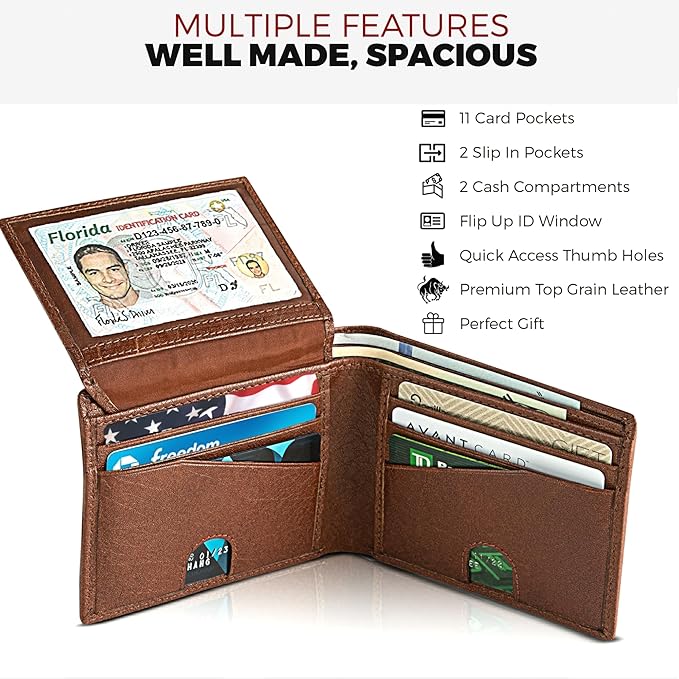 RFID Bifold Leather Wallet For Men with Flip Up ID Secure and Durable Extra Capacity Billfold with 11 Credit Cards in Vintage Buffalo Brown