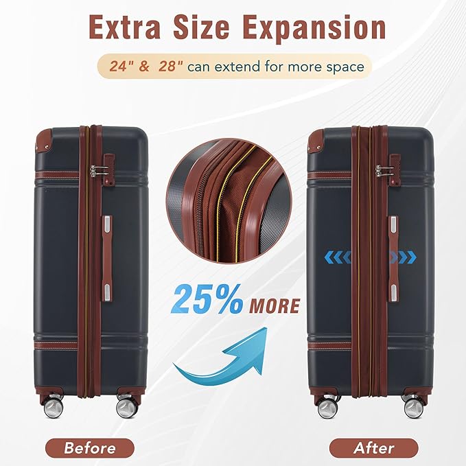 Merax 24 Inch Checked Luggage, Expandable Suitcase with Spinner Wheels, Hard Shell Vintage Luggage Set with TSA Lock(Black)