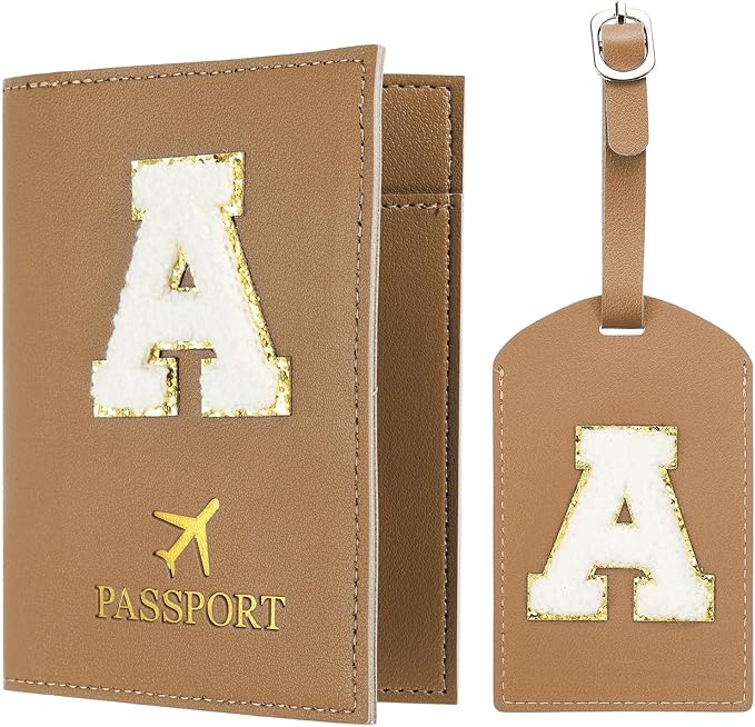 PATIKIL Passport Holder for Travel, Initial Passport Cover and Luggage Tag Set with Alphabet Chenille Letter Patch Travel Wallet Bag Suitcase Identifier for Women Family Travel Brown A