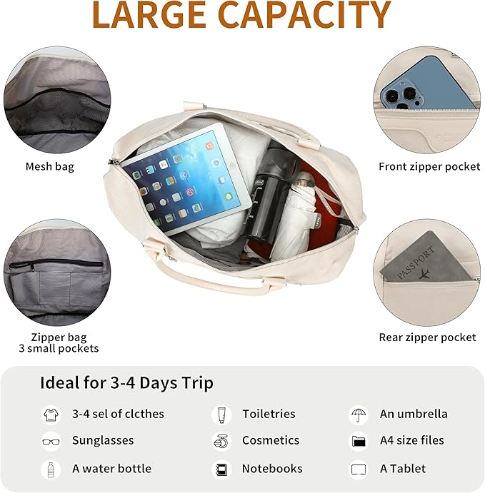 Oeihuivt Weekender Bags for Women - 21 Inch Large Travel Duffel Bag 2-Piece Set with Shoe Compartment, Heavy-Duty Canvas Leather Carry On Overnight Tote