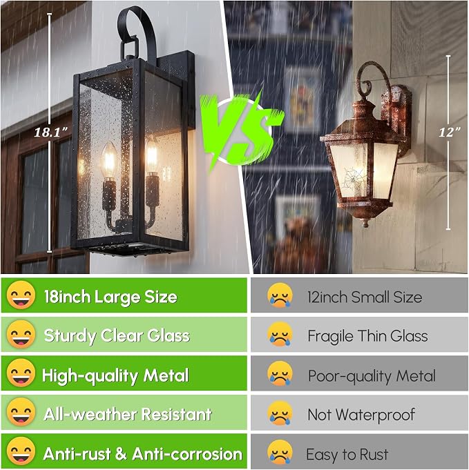 18" Large Outdoor Wall Light, 2-Light Black Exterior Sconce | Waterproof, Rust-Resistant, Durable Metal with Clear Glass, Standard E12 Socket, Easy to Install