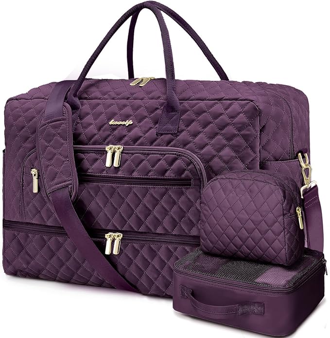 Large Women Travel Duffle Bag - Carry on Overnight Weekend Travel Duffel Tote Gym Bag with Wet Pocket Toiletry Weekender Overnight Bag for Travel Business Trips Sports Hospital 3 Pcs Set