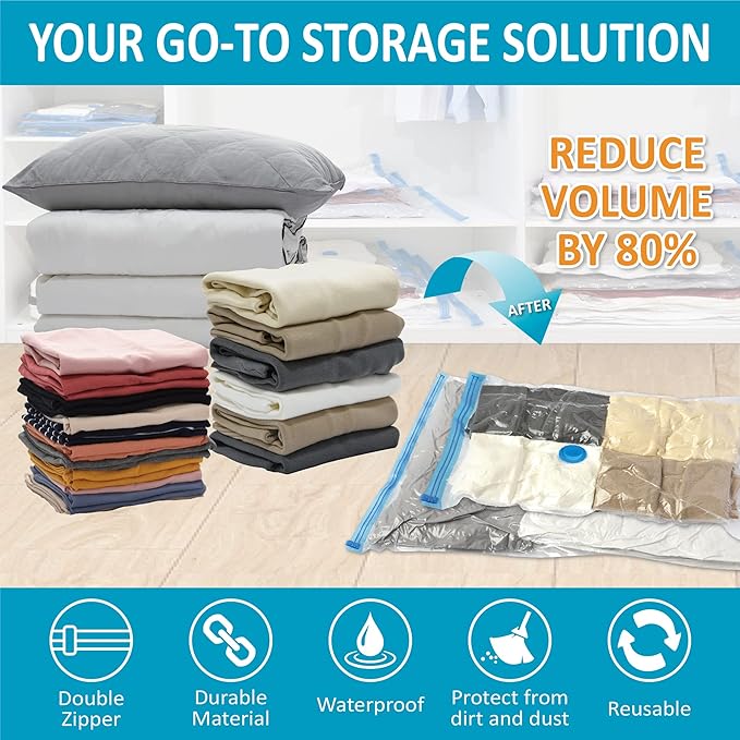 Cozy Essential Vacuum Storage Bags, 80% Compression Vacuum Seal Space Saver Plastic Packaging Bags for Clothes, Blankets, Pillow, Bedding, Comforters, Sealer Clothing Storage,10 Combo