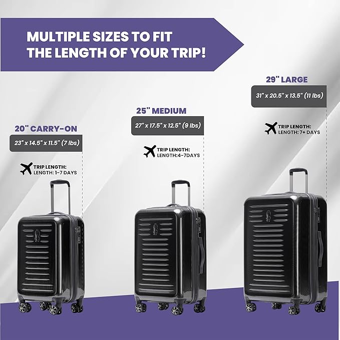 Spyder Rails Expandable Hardside Upright Suitcase with 360° Spinner Wheels, TSA Approved Lock (Black, 3-Piece Set)