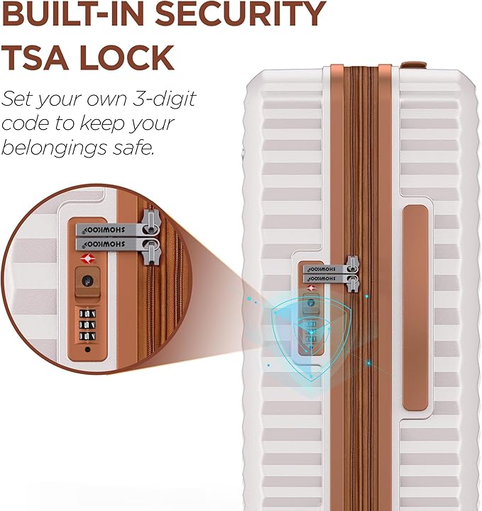 SHOWKOO Luggage Sets 3 Piece Hardside Expandable Suitcase with Double Spinner Wheels Tsa Lock Beige White (20in/24in/28)