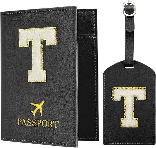 PATIKIL Passport Holder for Travel, Initial Passport Cover and Luggage Tag Set with Alphabet Chenille Letter Patch Travel Wallet Bag Suitcase Identifier for Women Family Travel Black T
