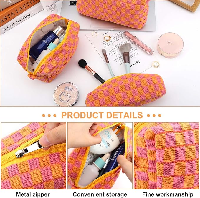 EIMMBD Makeup Bag 3 Pieces Large Capacity Checkered Cosmetic Bags Travel Toiletry Bag Organizer Cute Makeup Pouch Storage for Women(Orange & Pink)