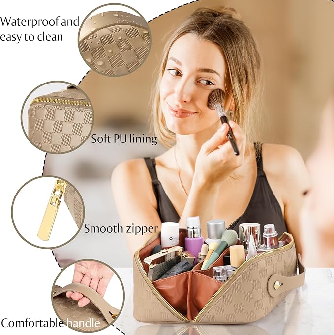 Large Capacity Travel Cosmetic Bag - Portable Makeup Bags for Women Waterproof PU Leather Checkered Makeup Organizer Bag with Dividers and Handle,Toiletry Bag for Cosmetics