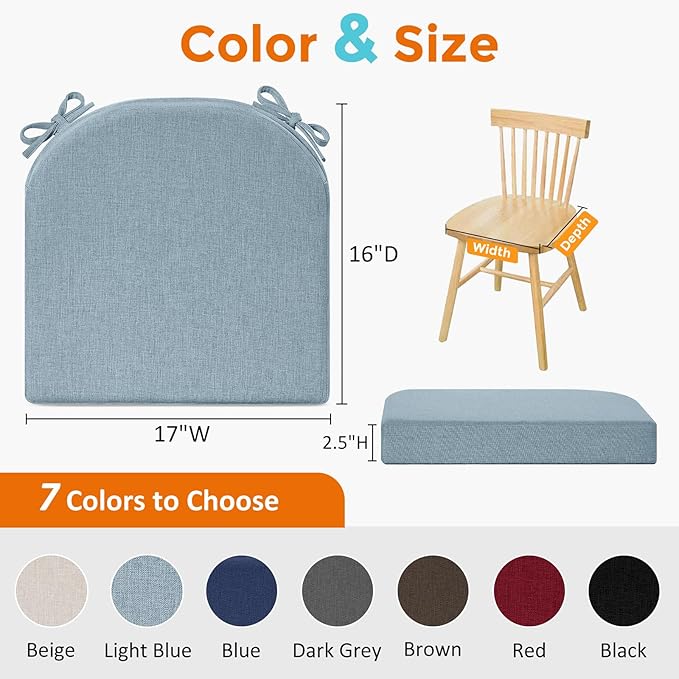 downluxe Chair Cushions for Dining Chairs, Memory Foam Linen Kitchen Chair Pads with Ties, Waterproof, Stain-Resistant and Washable Cover, 17" x 16" x 2.5", Light Blue, 2 Pack