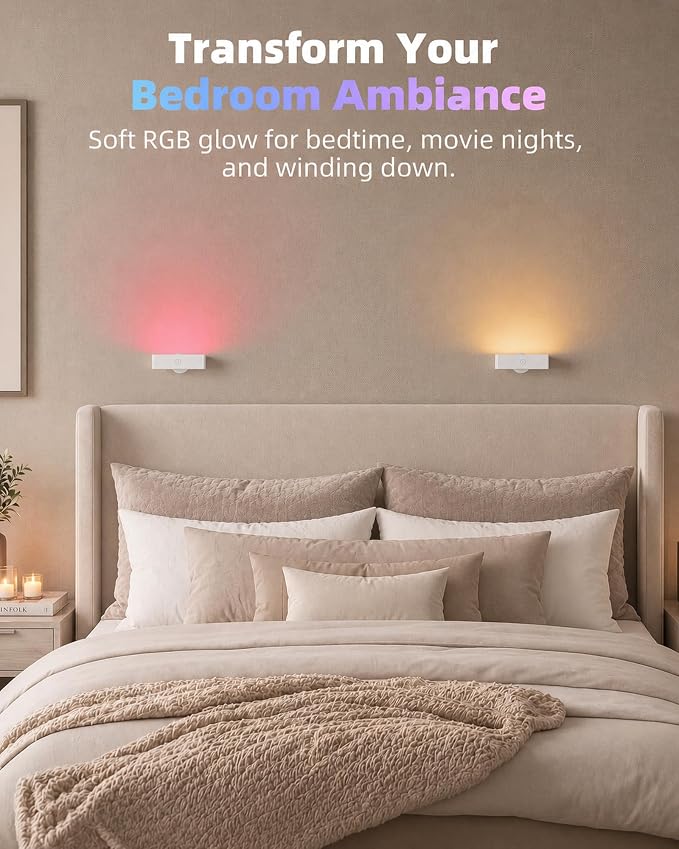 EZVALO RGB Wall Sconces Set of 2, Color Changing Battery Operated Wall Lights, 80+ Soft Ambient LED Mood Lighting with Timer, Dimmable Magnetic Bedside Wall Lamp for Bedroom, Headboard, Reading
