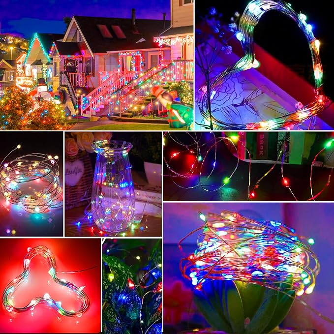 12 Pack Multicolor LED Fairy Lights with Vibrant Red Beads, Battery Operated String Lights, 7 ft 20 LED Waterproof Firefly Lights on Silver Wire for Home Party Wedding Christmas Decorations