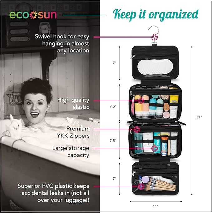 Eco Sun Hanging Travel Toiletry Bag — Designed in Hawaii — Water-resistant Travel Organizer for Bathroom Accessories (Black)