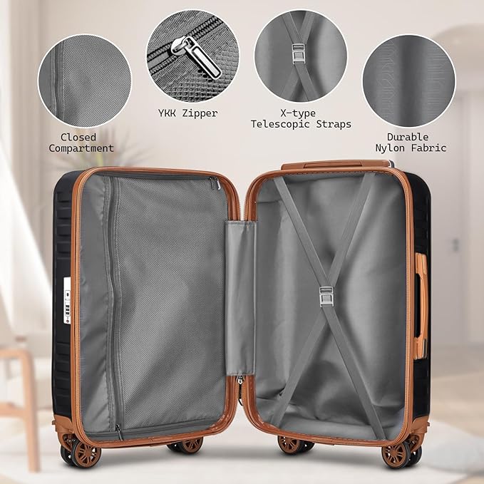 Melalenia Luggage Sets 3 Piece, Hard Shell Carry on Suitcase with Spinner Wheels and TSA Lock, Travel Lightweight Luggage Set for Women, Black Brown