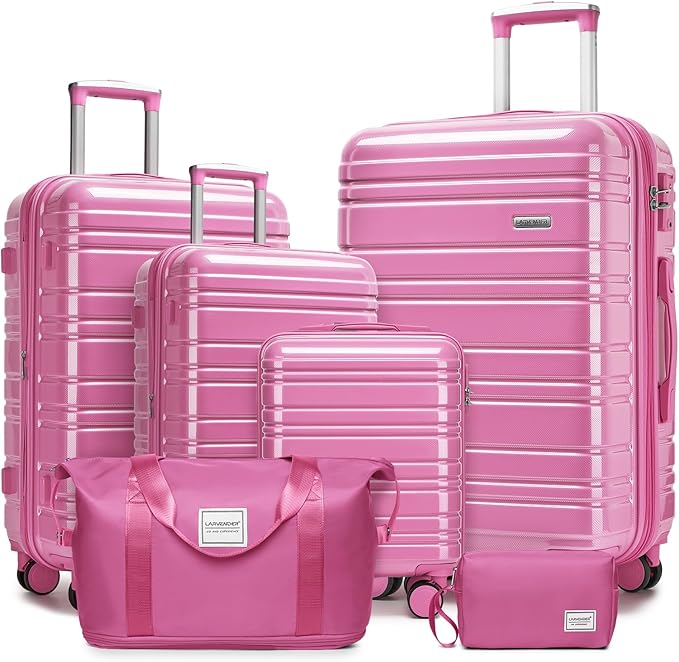 LARVENDER Luggage Sets 6 Piece Hardside Expandable Suitcase with Wheels TSA Lock, PC+ABS Hardshell Lightweight Travel Luggage Sets for Women, Glossy Berry, 6 Piece Set