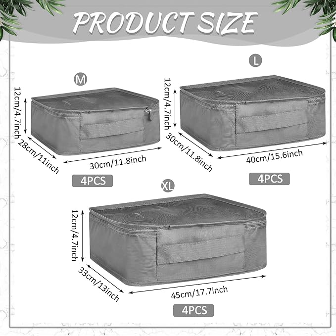 Silkfly 12 Pcs Packing Cubes for Suitcase Travel Luggage Bags Bulk Mesh Organizer Set for Hiking Camping Backpacking Clothes Accessories (Gray,XL, L, M Size)