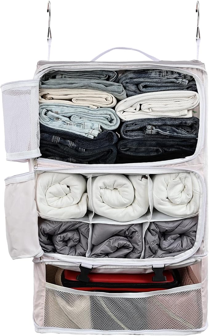 Surblue Hanging Shelves Travel Storage Bag Compression Packing Cube for Suitcase Portable Closet Organizer Collapsible with Extension Layer Large Capacity,Pink,XXL