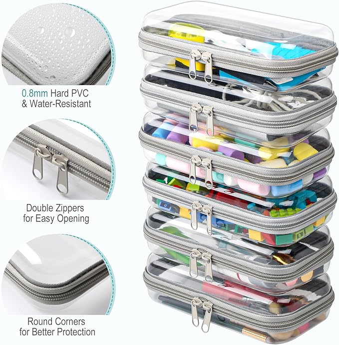 Sanwuta 6 Pcs Clear Hard Zipper Case Plastic Zipper Pouches Transparent Makeup Bag Pencil Case Pouches Toiletry Diaper Bag for Travel Toy Storage Organizer Bins(Gray,7.48 x 3.94 x 2 Inch)