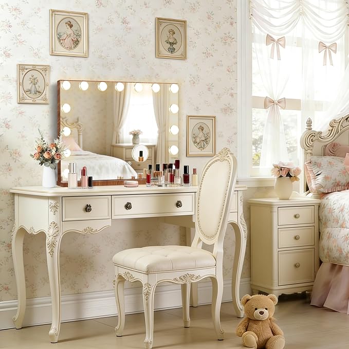 Ratsamee Wood Grain Hollywood Vanity Mirror with Lights, 15 Dimmable Bulbs, 3 Color Lights,Make Up Lighted Mirror, Aluminum Metal Frame, USB Charging Port（23" x 18"）
