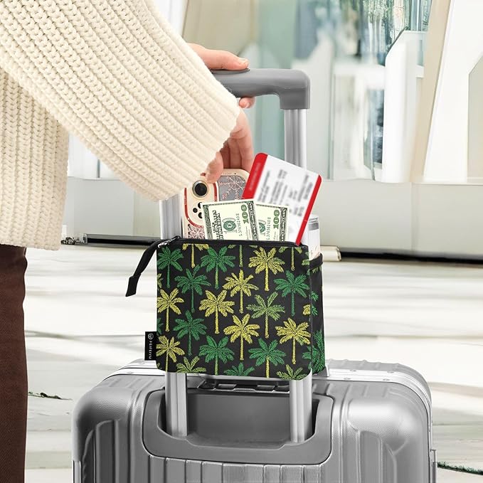 Luggage Cup Holder for Suitcases Free Hands Travel Cup Holder Portable Suitcase Cup Drink Holder Luggage Cup Caddy Bag Carrier Black Palms Green Yellow Tropical