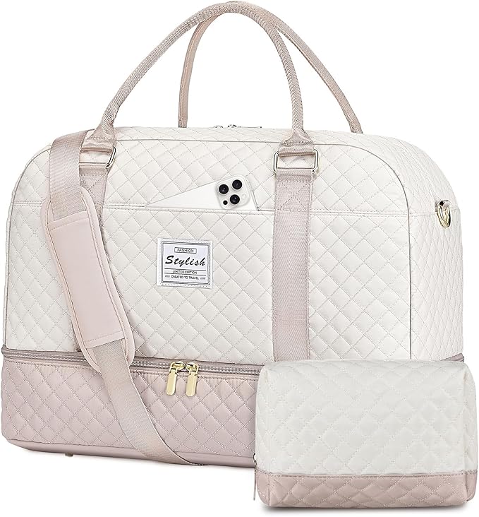 Travel Duffle Bag Weekender for Women: Travel Duffel Bag Carry-On Overnight Bag with Shoe Compartment & Wet Pocket Large Weekend Tote Bag with Gym Duffel Bag for Hospital Beige
