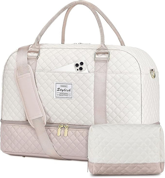 Travel Duffle Bag Weekender for Women: Travel Duffel Bag Carry-On Overnight Bag with Shoe Compartment & Wet Pocket Large Weekend Tote Bag with Gym Duffel Bag for Hospital Beige