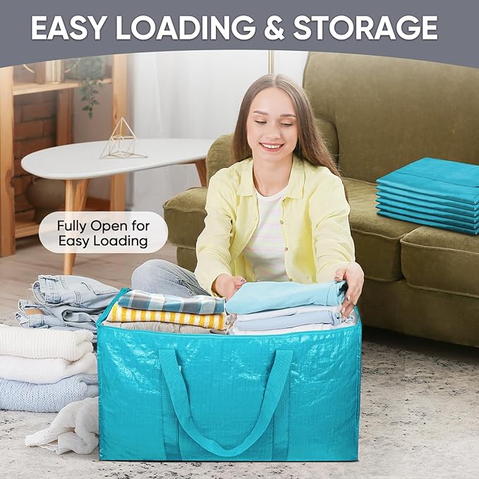 TICONN 6 Pack Extra Large Moving Bags Heavy Duty with Zippers & Carrying Handles, Durable Storage Bags Moving Boxes for Closet Organizers and Storage (6 Pack, Aqua)