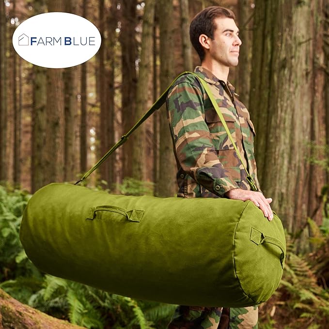 Farm Blue GI Style Zipper Duffle Bag Heavy Duty Army Duffle Bags - Military Grade Cotton Canvas Duffel Bag - Reinforced Camping Bag - Strong Zipper & Center Grab Handle (Olive Drab, X-Large)