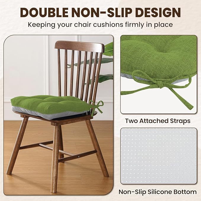 downluxe Indoor Chair Cushions for Dining Chairs, Tufted Overstuffed Textured Kitchen Chair Pads with Ties and Non-Slip Backing, 15.5" x 15.5" x 4", Grass Green, 4 Pack