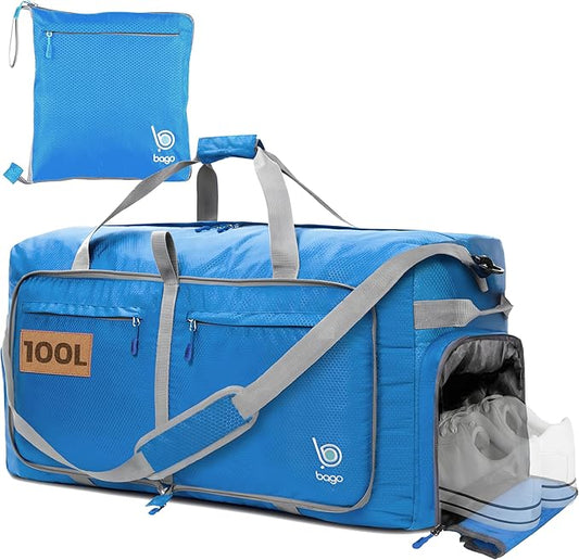 Bago Large Duffle Bag for Travel Women & Men. Durable Lightweight Foldable Travel Duffel Bags For Traveling Women. 100L Duffle Bags for Overnight Bag With Shoe Compartment Collapsible Weekender duffel