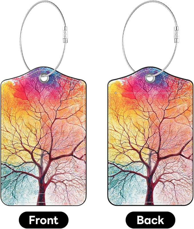 2 Pack PU Leather Luggage Tags for Suitcases, Privacy Protection Cover with Stainless Steel Loop and Address Card, Travel Cruise Essentials (Colorful Tree)