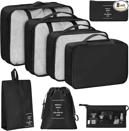 KPX 8 Set Packing Cubes for Travel, Luggage Packing Organizers Accessories Large Toiletries Bag for Clothes Shoes Cosmetics (Black)