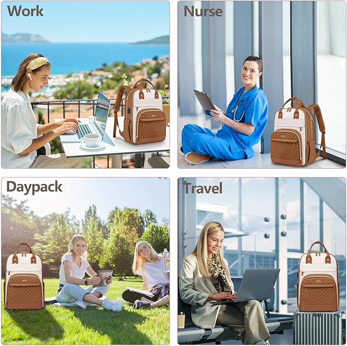 Laptop Backpack for Women Work Bookbag: 15.6 Inch College Backpacks with USB Charger School Book Bag Waterproof Travel Computer Back Pack Anti-Theft Casual Bookbags for Girls Teacher Nurse Beige Brown