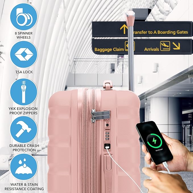 Flight Knight 24x16x10 Expandable Carry On Suitcase Hardside TSA Lock USB C Port Lightweight Luggage Silent Double Spinner Wheels Maximum Overhead Carry-On Bag For Virgin, South West Approved Pink