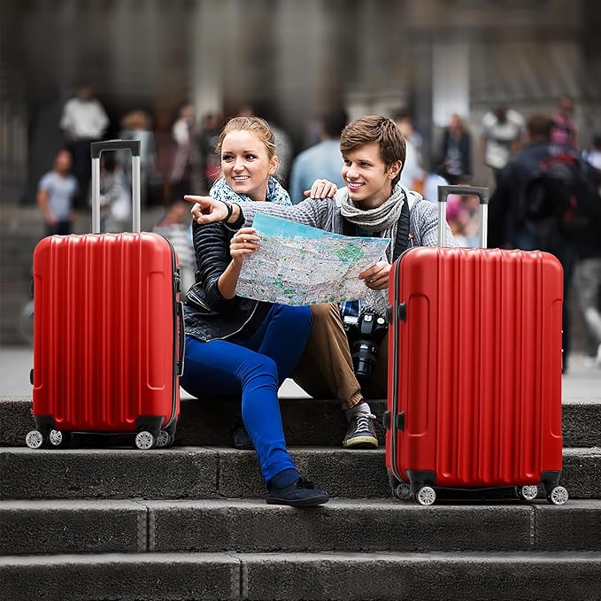 Karl home Luggage Set of 3 Hardside Carry on Suitcase Sets with Spinner Wheels & TSA lock, Portable Lightweight ABS Luggages for Travel, Business - Red (20/24/28)