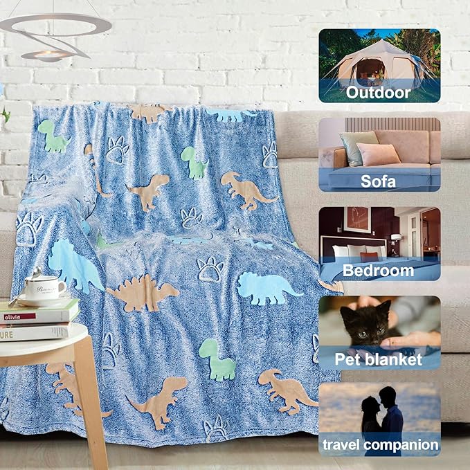 TEHALK Dinosaur Glow in The Dark Blanket for Kids, Toddler Blanket for Boys, Dinosaur Gifts for Boys/Kids, Soft Fleece Blanket Throw, Birthday Gifts 40"x60"