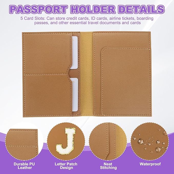 PATIKIL Passport Holder for Travel, Initial Passport Cover and Luggage Tag Set with Alphabet Chenille Letter Patch Travel Wallet Bag Suitcase Identifier for Women Family Travel Brown J