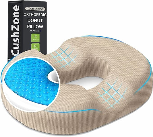 Donut Pillow Seat Cushion - Cooling Gel Outdoor Chair Cushions, Memory Foam Seat Cushion for Office & Home, Car Seat and Patio Furniture Cushions, Hemorrhoids Pillow and Tailbone Pain Relief, Khaki