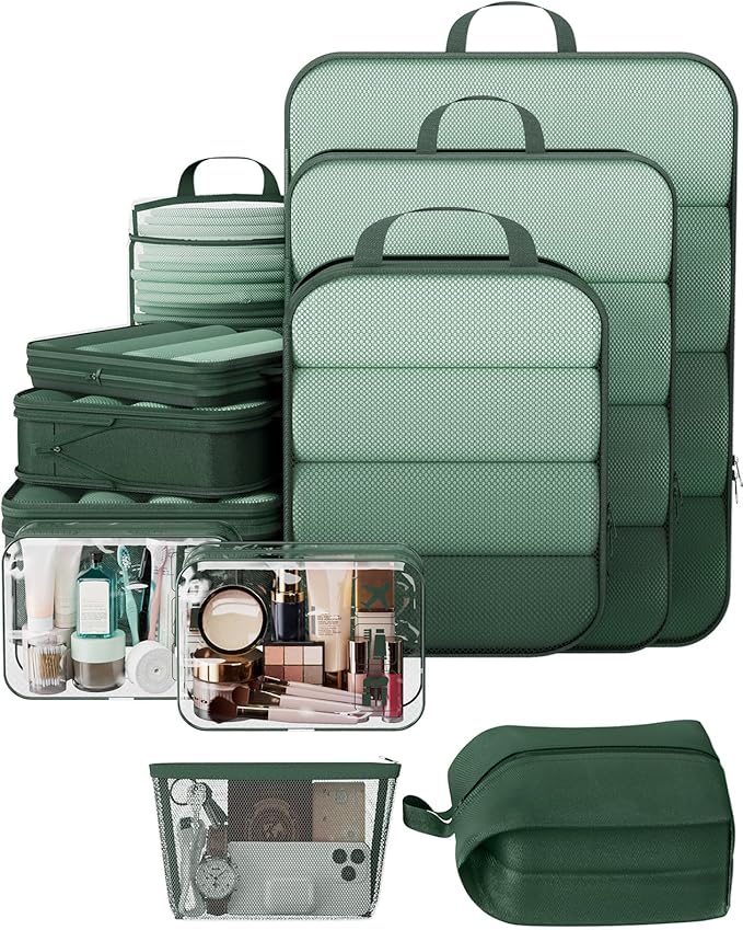 Veken 11 Set Compression Packing Cubes for Travel Essentials,Compressible Expandable Large Luggage Suitcase Organizer Bags for Clothing,Durable Space Saver Storage Bags with Toiletry Bags(Dark Green)