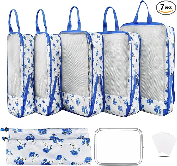 7 Pcs Compression Packing Cubes for Travel Luggage, Lightweight Suitcase Organizer Bags Set, Compression Packaging Cube for Travel Essentials, Packing Cubes for Carry on Suitcase
