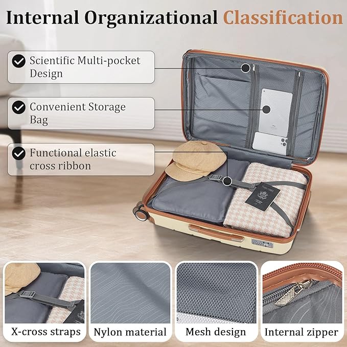 4 Piece Expandable Hardshell Pink Luggage Sets with Spinner Wheels, Lightweight Travel Suitcase Set with TSA Locks, 20 inch Carry On for Women (Apricot, 4 Piece Set)