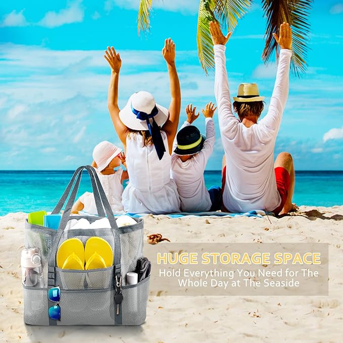 SRISE Mesh Beach Bag - Large Beach Tote Bag for Family Beach Bag for Toys & Vacation Essentials