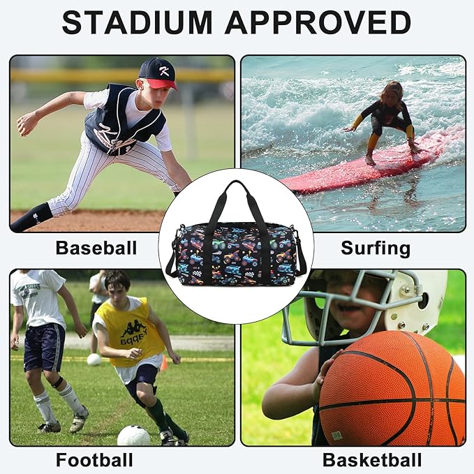 BTOOP Kids Overnight Bag for Boys Small Soccer Sports Gym Bags Duffle Tote With Shoe Compartment Toddler Weekender Sleepover Bags for Travel (Truck-Black)