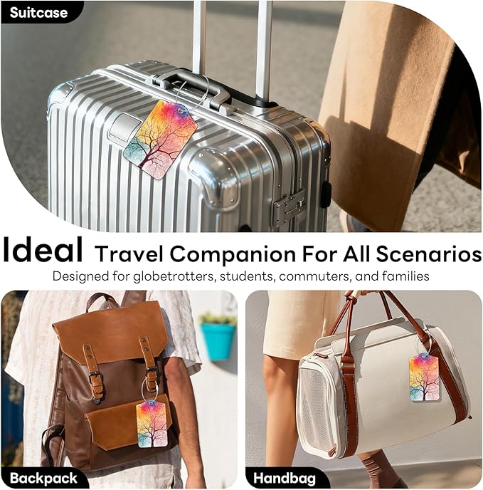 2 Pack PU Leather Luggage Tags for Suitcases, Privacy Protection Cover with Stainless Steel Loop and Address Card, Travel Cruise Essentials (Colorful Tree)