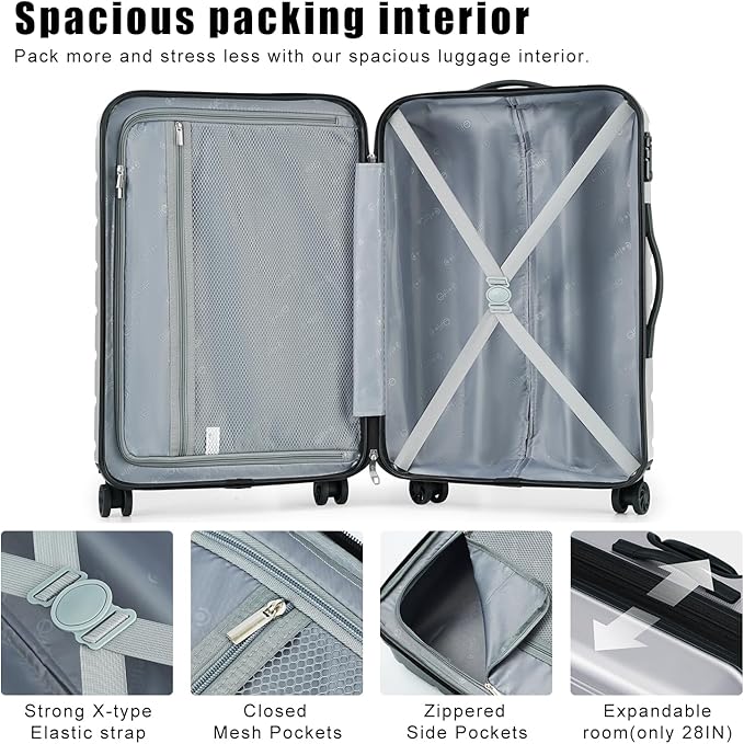Coolife Luggage Suitcase Carry-on Spinner TSA Lock USB Port Expandable (only 28’’) Lightweight Hardside Luggage (Silver, L(28in))