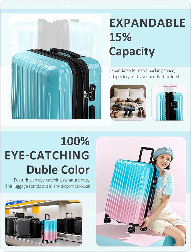 Carry on Luggage - Airline Approved Suitcases with Spinner Wheels, Built-In TSA Lock，Hard Shell Expandable Suitcases