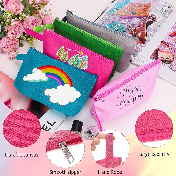 10 Pieces Cotton Canvas Makeup Bag with Bottom and Strap, Multi-Purpose Cosmetic Bag with Zipper Travel Toiletry Pouch, Blank DIY Craft Bag Pencil Bag (Multicolor 02, XS) (MN-WB07)