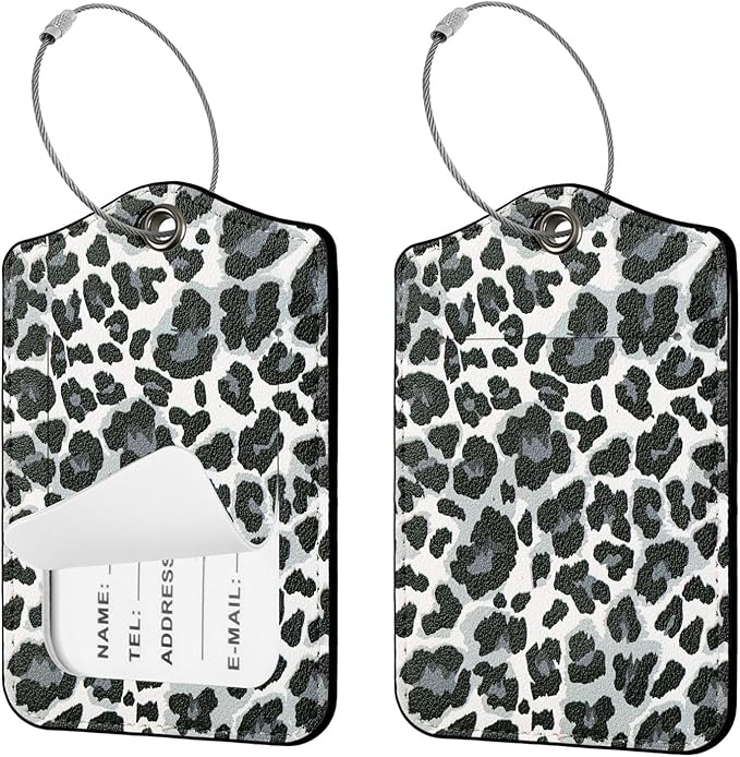 Seorsok 2 PCS Luggage Travel Tags for Suitcases,Cute Black Leopard PU Leather Name Tag with Privacy Cover&ID Label Address Card and Durable Metal Ring Suitable for Men Women Handbags Backpack,White