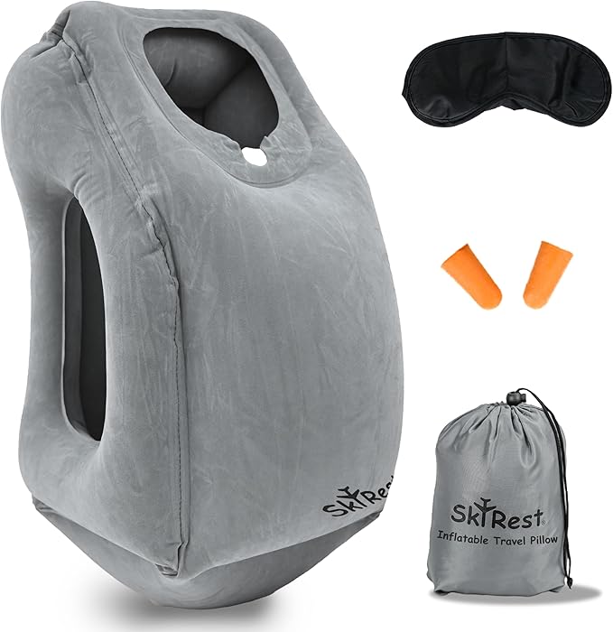 Skyrest®️ Inflatable Travel Pillow for Cars, Air Pillow for Sleeping to Avoid Neck and Shoulder Pain, Comfortably Support Head, Neck and Lumbar, Pillows for Airplanes Buses Cars Office (Grey)