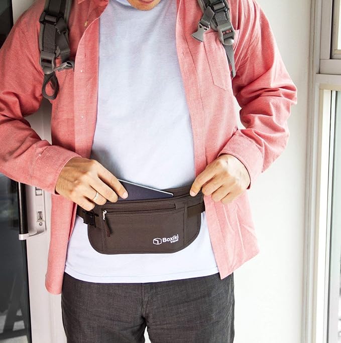 Money Belt for Travel with RFID Blocking Technology - Hidden Travel Money Pouch for Cash, Credit Cards, Passport, and Travel Valuables - Secure Water Resistant Money Belt for Men and Women (Brown)